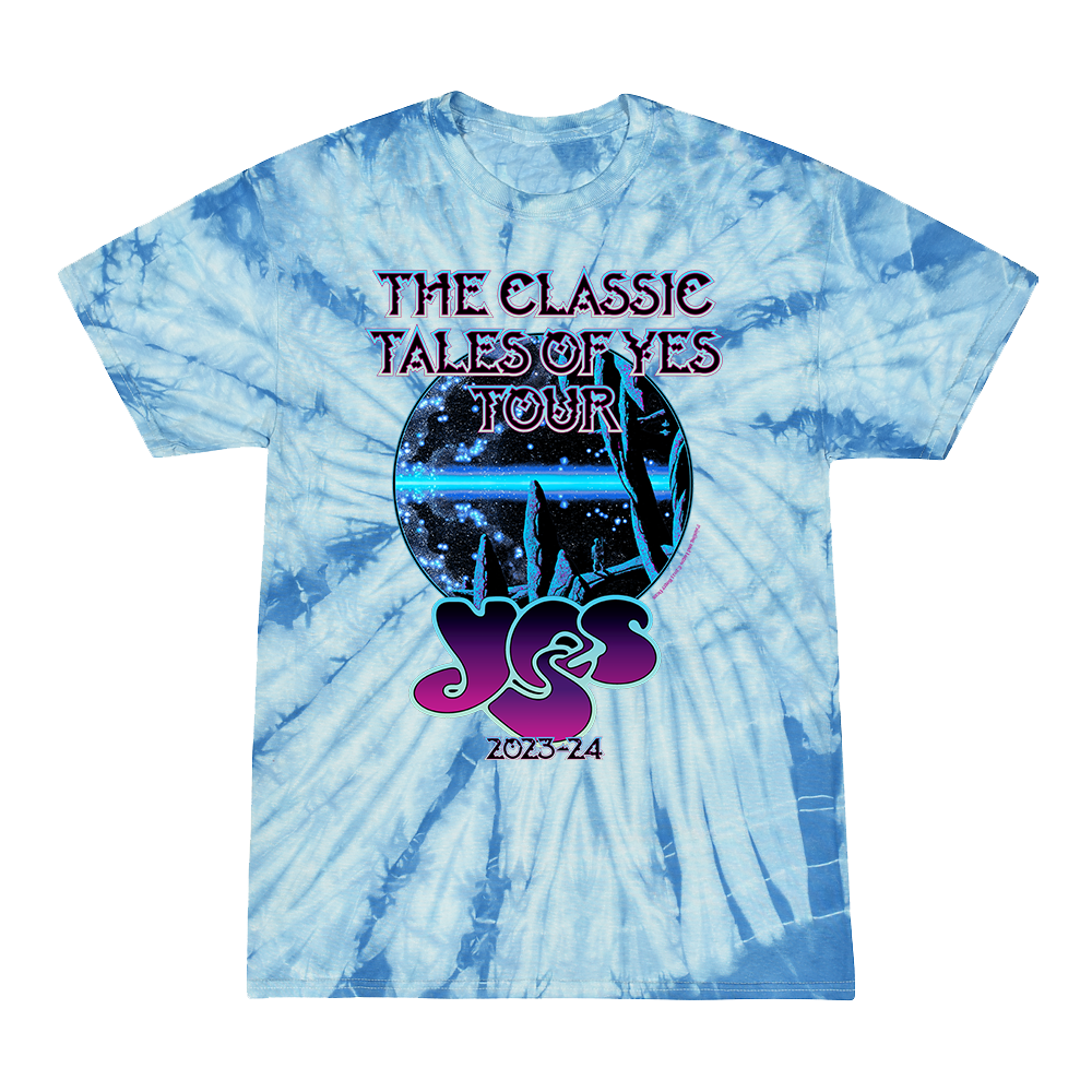 Official YES Merchandise. 100% heavy weight blue cotton tie dye t-shirt with a classic fit. This 2023 tour t-shirt features reimagined Tales of Topographic Oceans album art printed in vibrant blue and purple gradients.