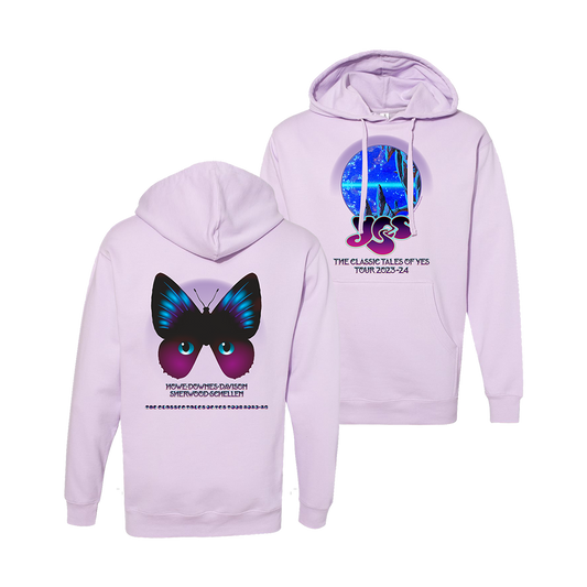 Lavender purple hoodie featuring the Classic Tales of YES 2023 tour admat printed with rich blue & purple gradients. This 80% cotton / 20% polyester blend, mid weight fleece pullover hoodie has a slim fit.