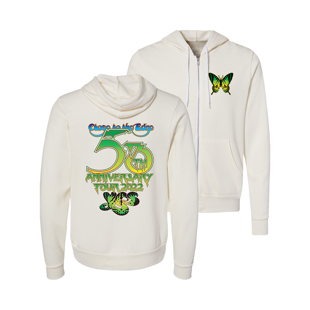 Official YES Merchandise. 52% cotton, 48% poly fleece natural colored zip up hoodie with a green monarch printed on the front and the Close to the Edge 2022 tour art printed on the back.