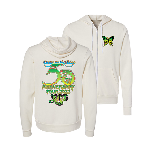 Official YES Merchandise. 52% cotton, 48% poly fleece natural colored zip up hoodie with a green monarch printed on the front and the Close to the Edge 2022 tour art printed on the back.